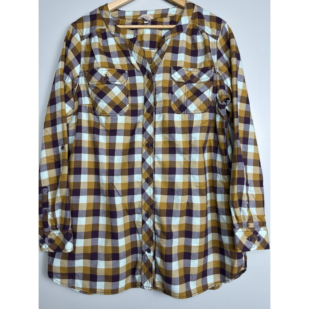 Duluth Trading Co Women’s‎ Flannel Shirt XL Gold Brown Plaid 4 Pockets Ling Slv